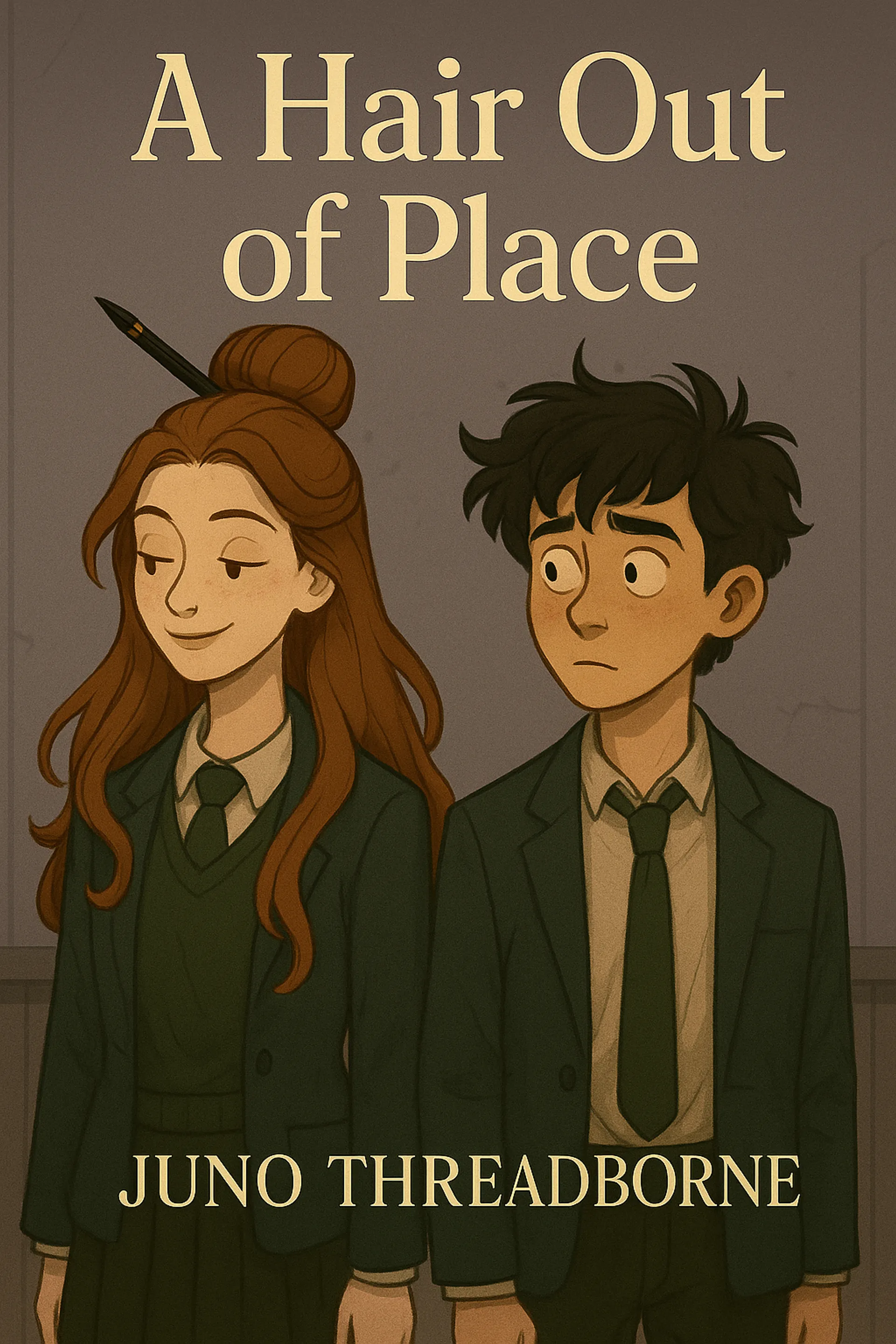 A pencil holding back a single defiant strand of hair in a gleaming school hallway.
