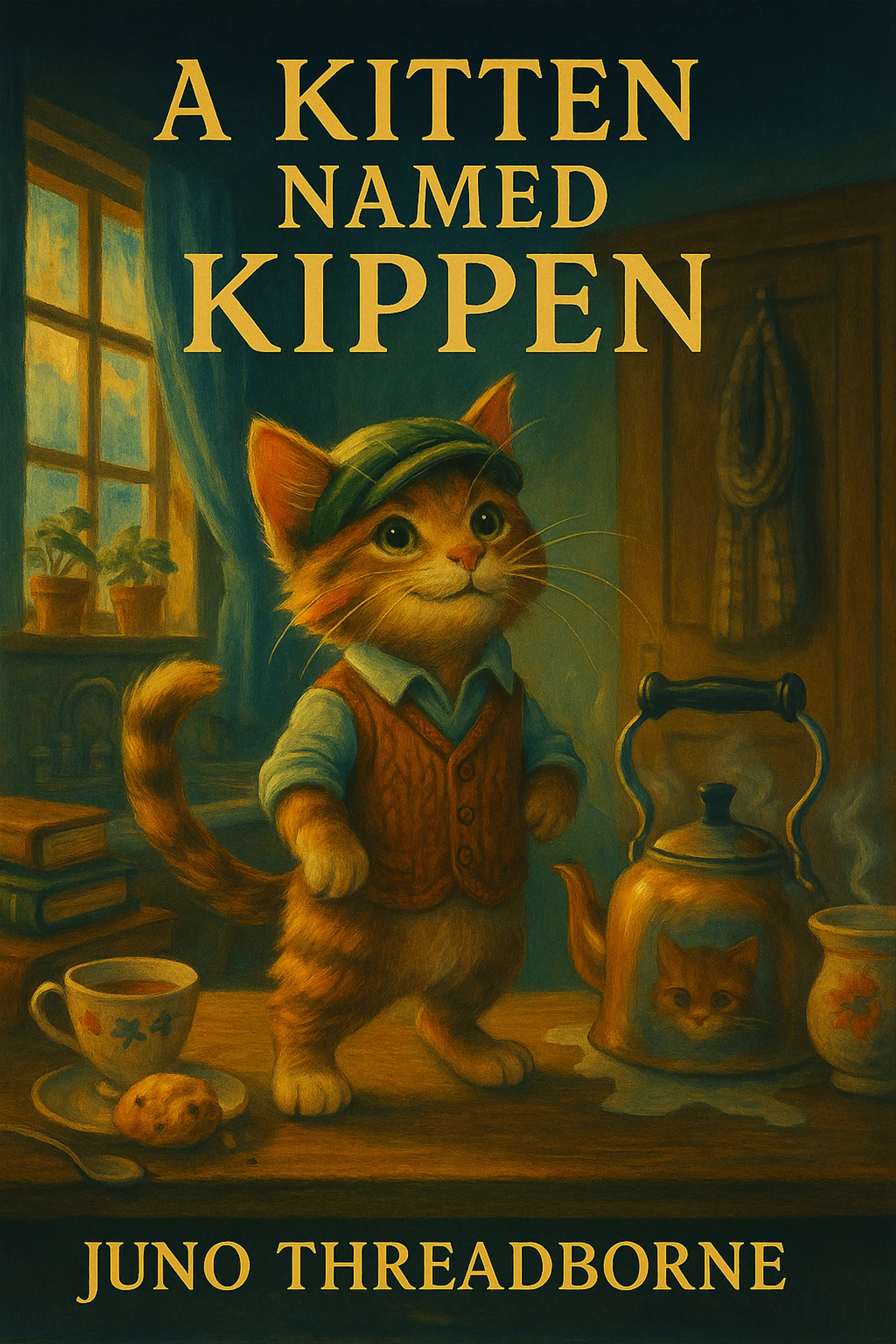 An orange kitten with a vest and hat stands on a table proudly.