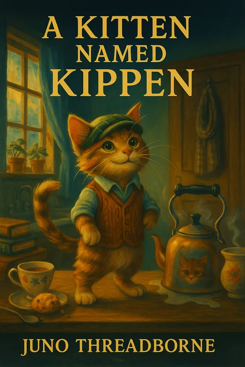 An orange kitten with a vest and hat stands on a table proudly.