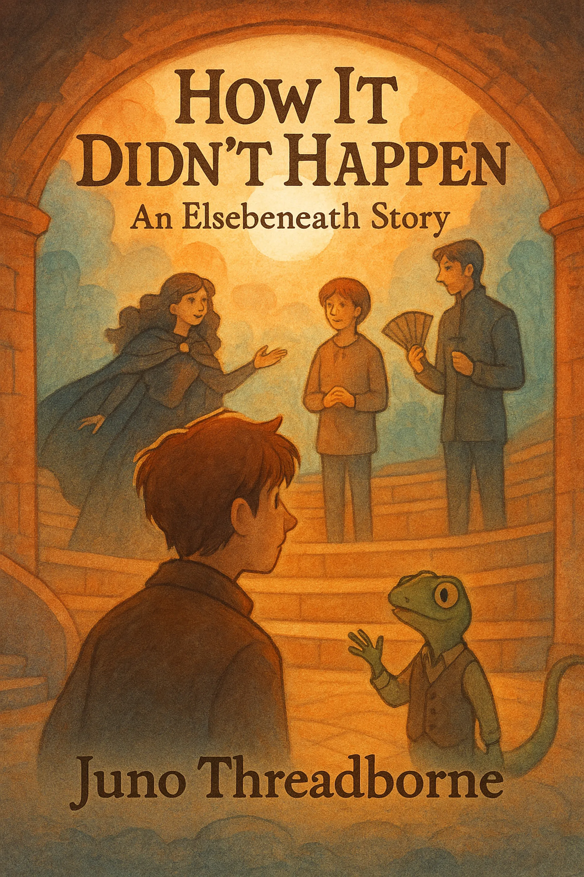 Three actors stand on stage beneath an arch as a young boy and a gecko look on.